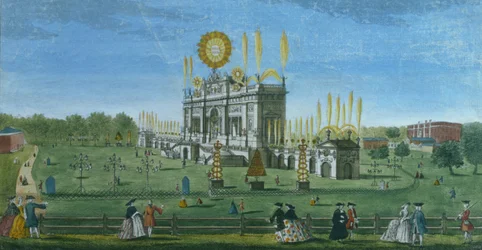 A Perspective View of the Building for the Fireworks in the Green Park, Taken from the Reservoir, Engraved by Paul Angier